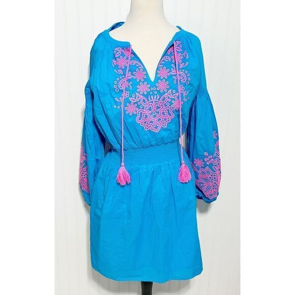 Lilly Pulitzer Analynn Tunic Dress Turquoise Oasis Blue Womens V Neck Pink Large - Picture 1 of 14